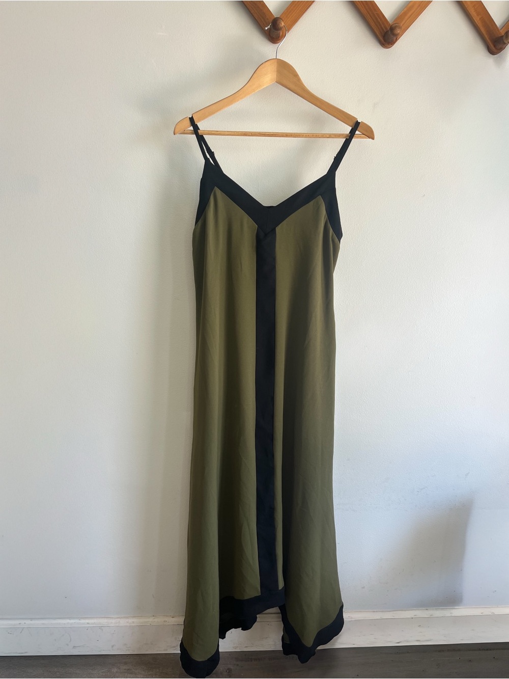 Olive Green Maxi Slip Dress with Black Trim